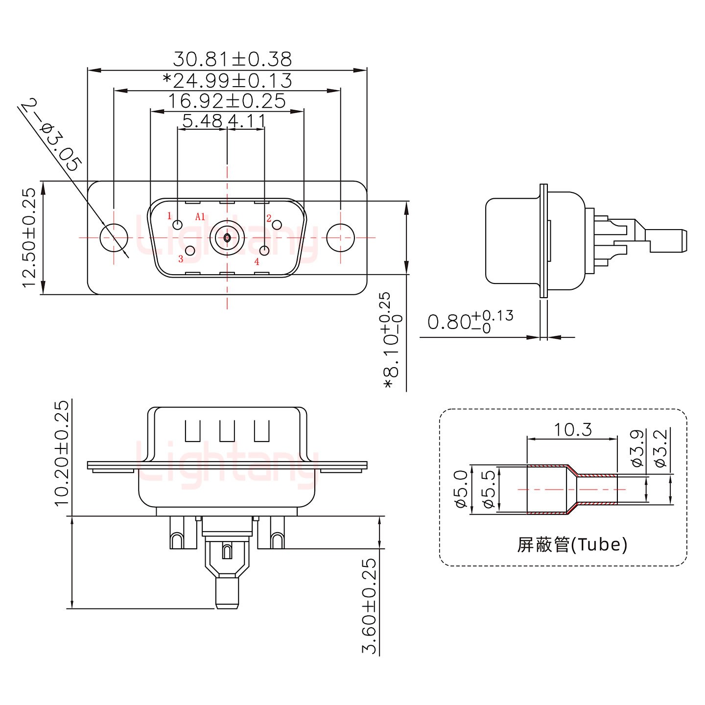 5W1公焊線式50歐姆+9P金屬外殼424彎出線4~12mm