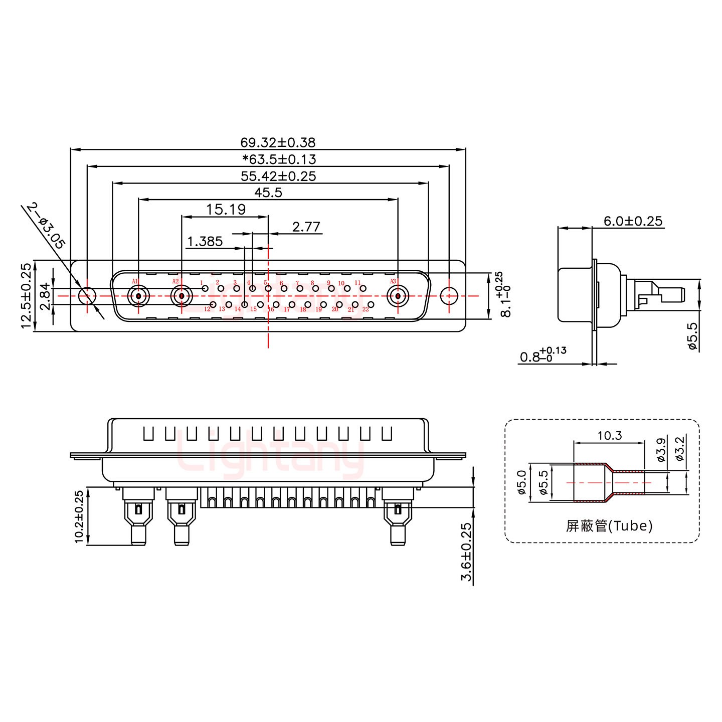 25W3公焊線式75歐姆+37P金屬外殼967斜出線4~12mm