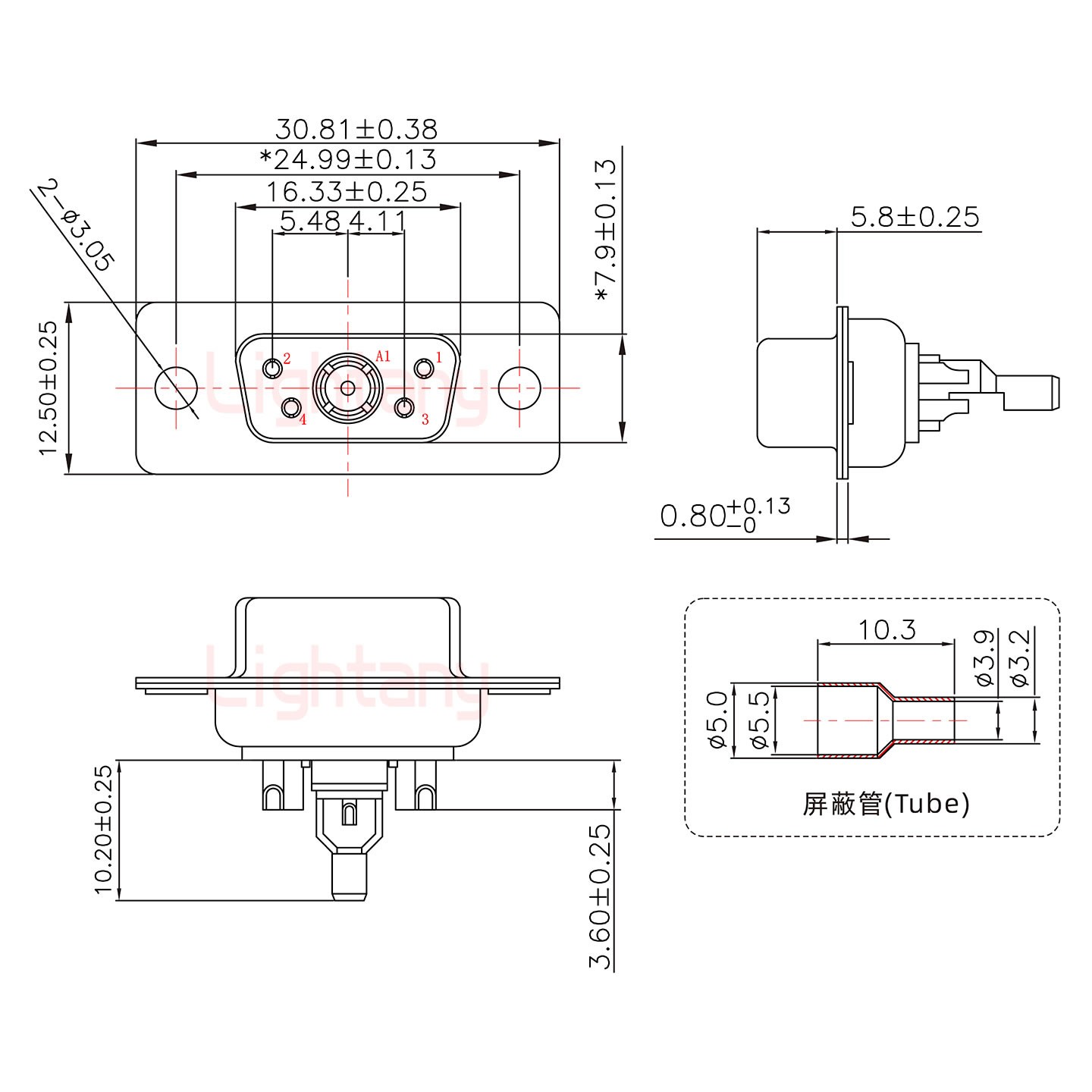 5W1母焊線式50歐姆+9P金屬外殼1707直出線4~12mm