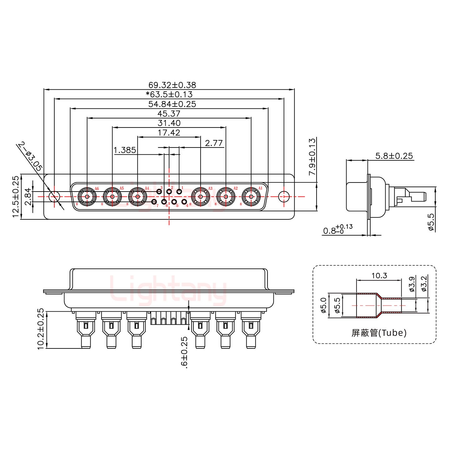 13W6A母焊線式50歐姆+37P金屬外殼2185直出線4~12mm