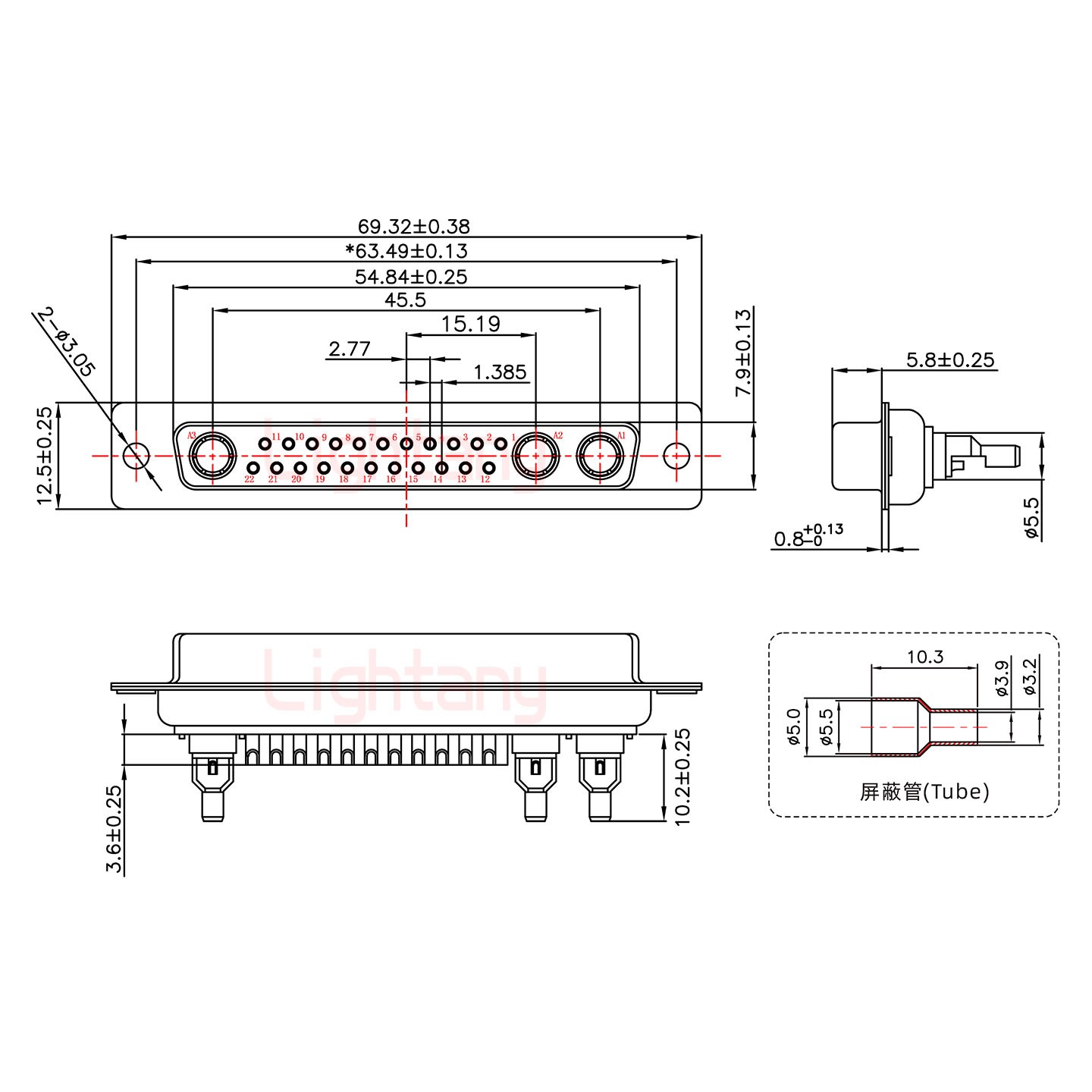 25W3母焊線式75歐姆+37P金屬外殼951彎出線4~12mm