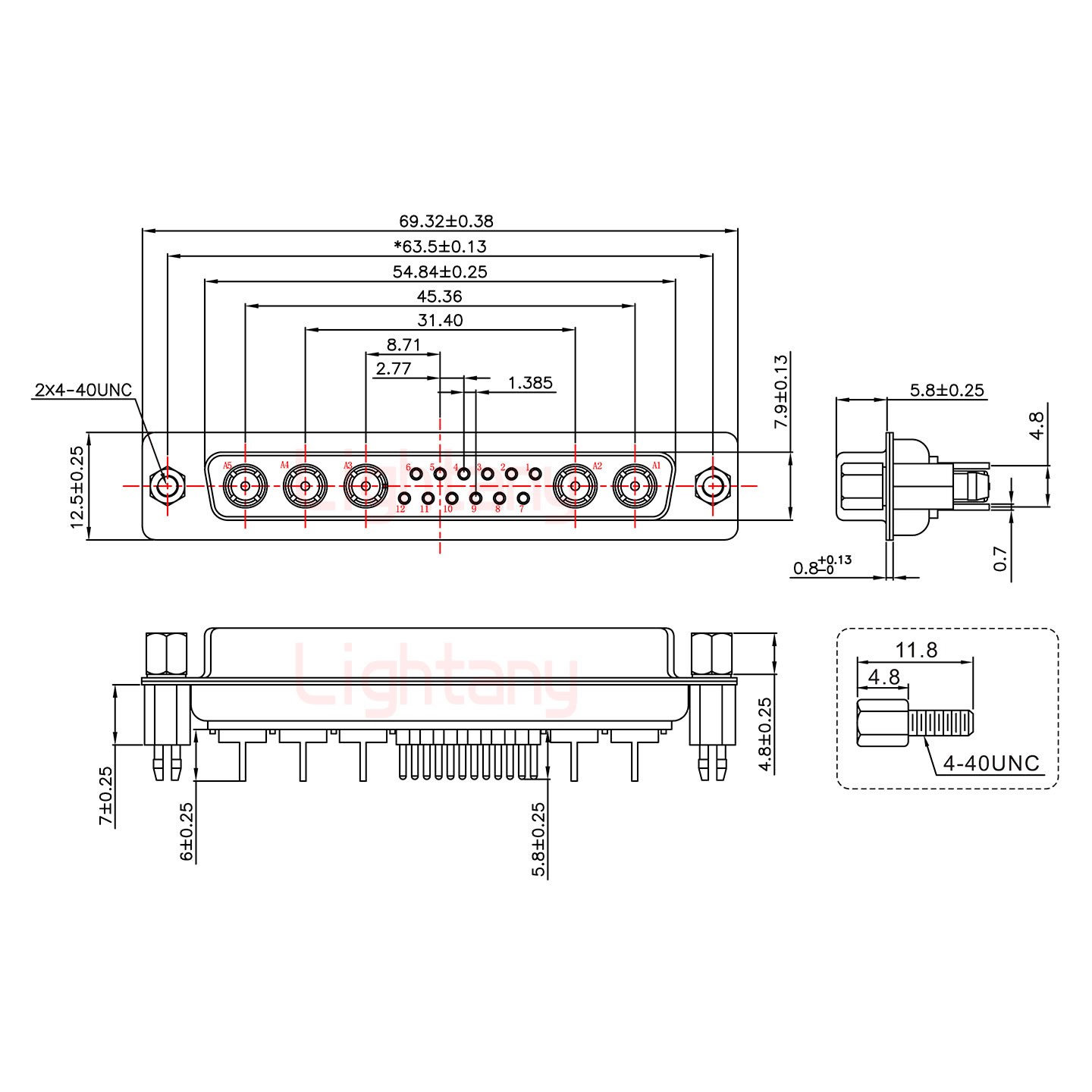 17W5母PCB直插板/鉚魚叉7.0/射頻同軸75歐姆