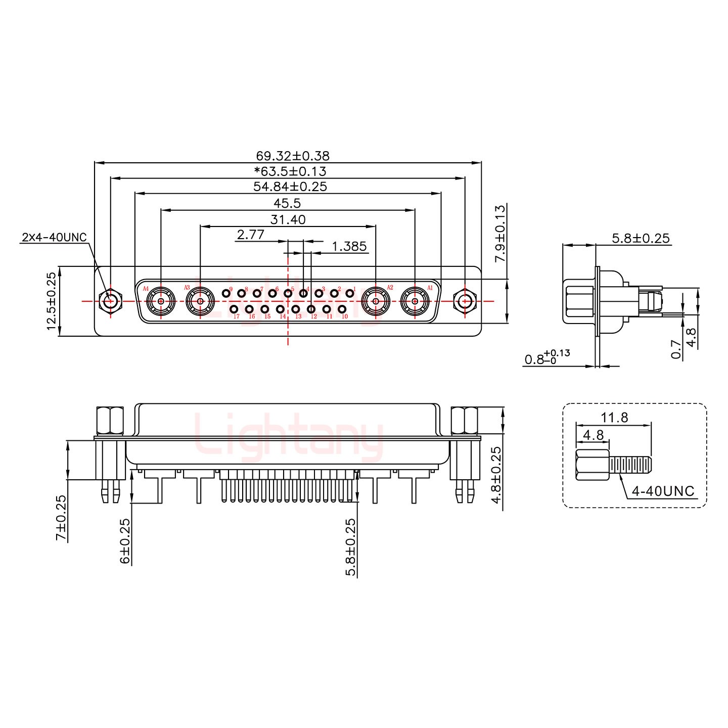 21W4母PCB直插板/鉚魚(yú)叉7.0/射頻同軸75歐姆