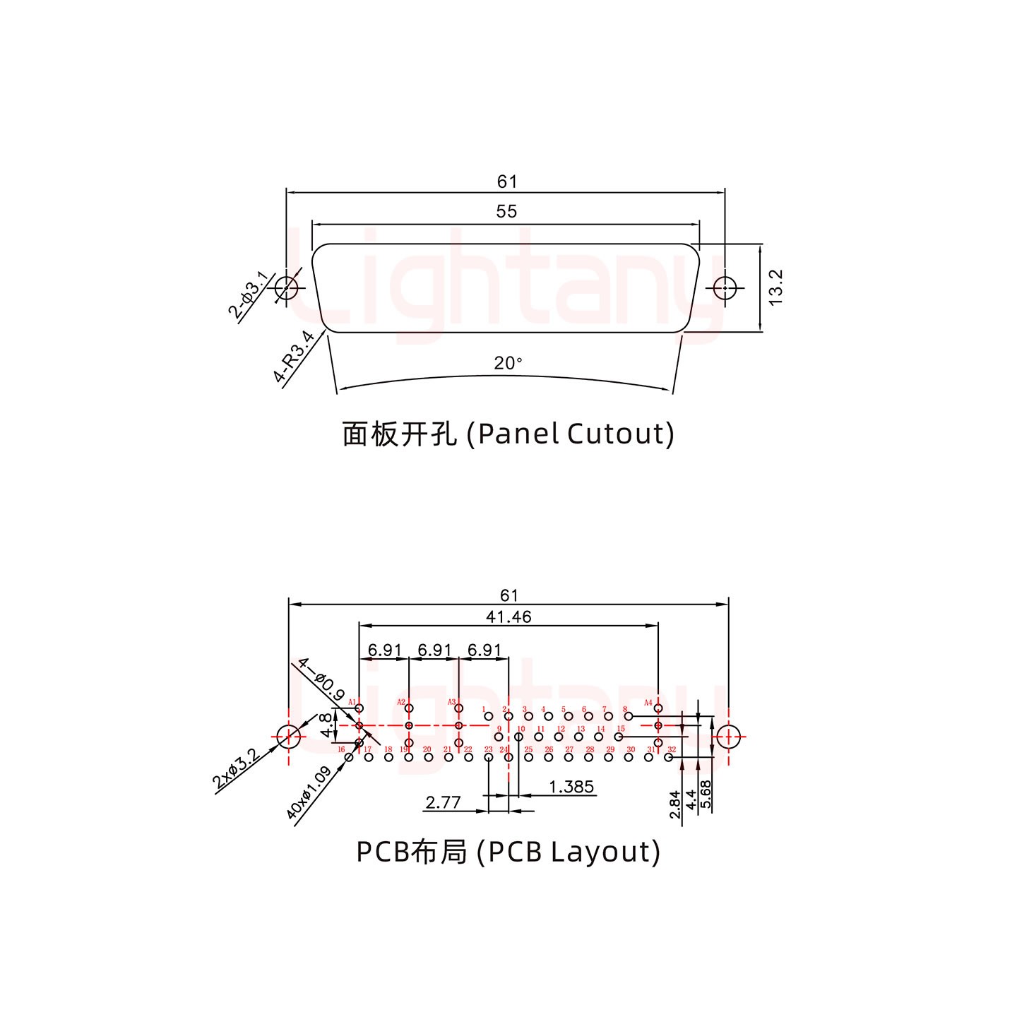 36W4母PCB直插板/鉚魚叉7.0/射頻同軸75歐姆