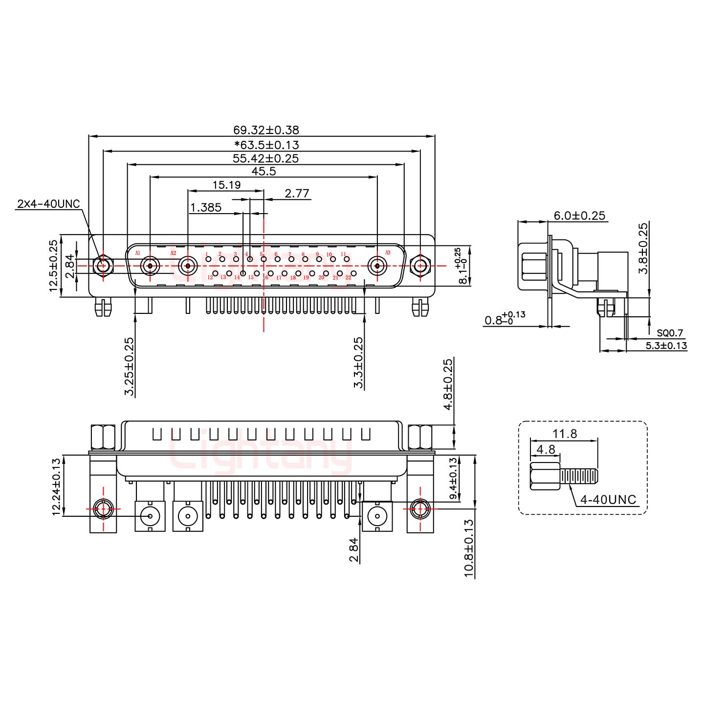 25W3公PCB彎插板/鉚支架10.8/射頻同軸50歐姆