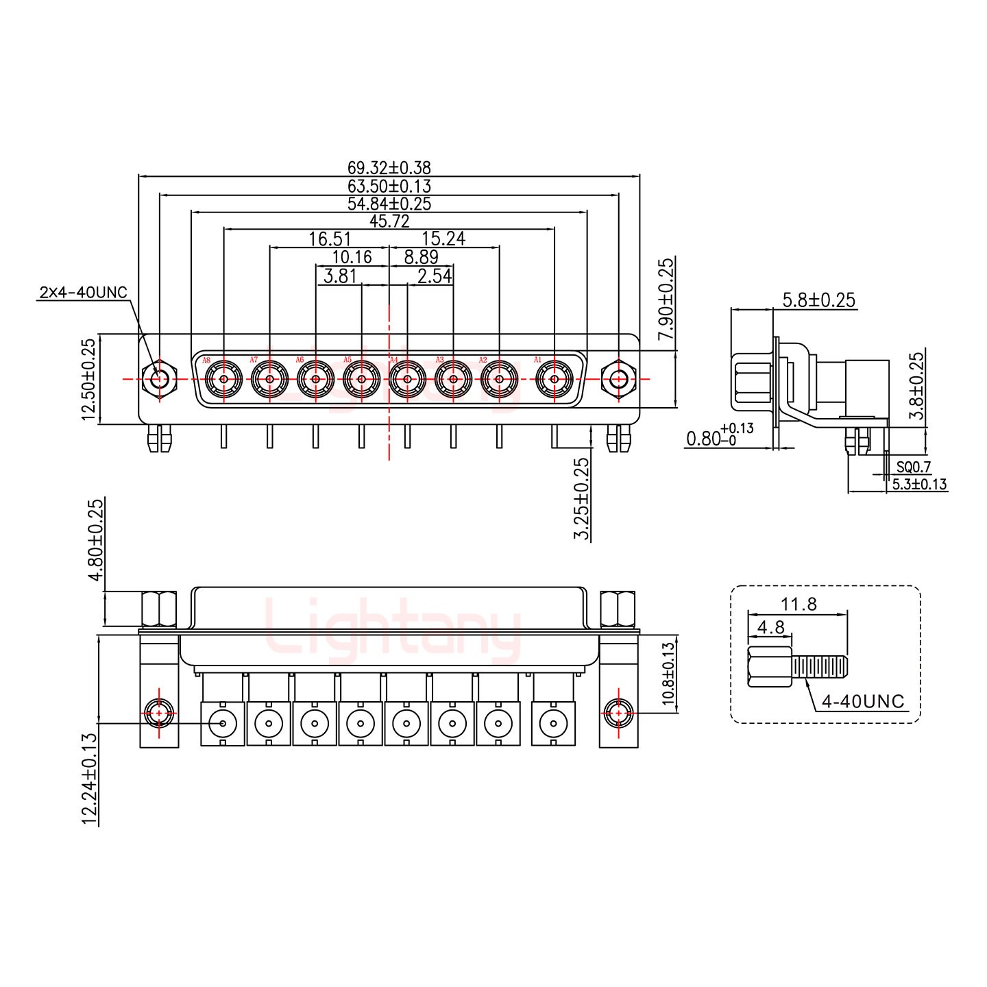 8W8母PCB彎插板/鉚支架10.8/射頻同軸50歐姆