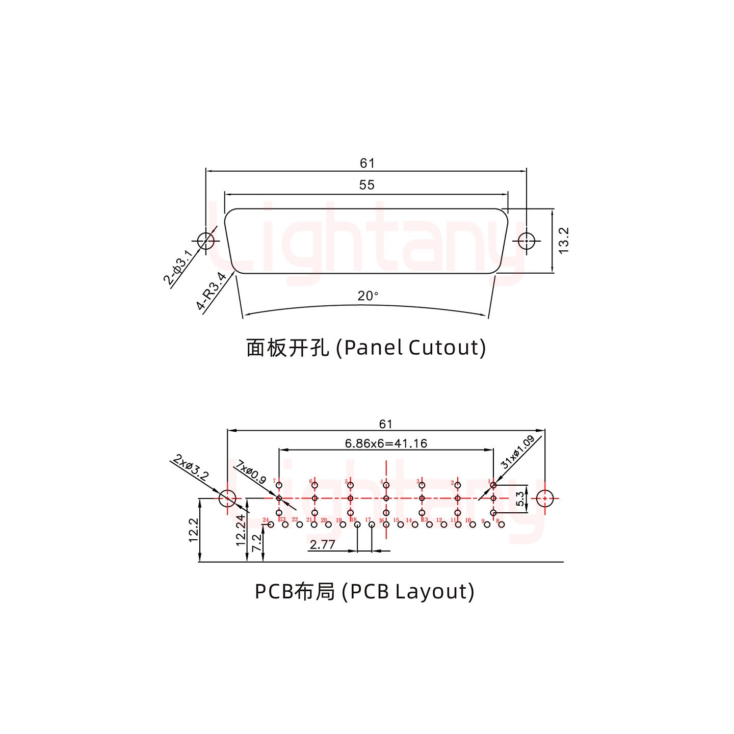 24W7母PCB彎插板/鉚支架12.2/射頻同軸50歐姆