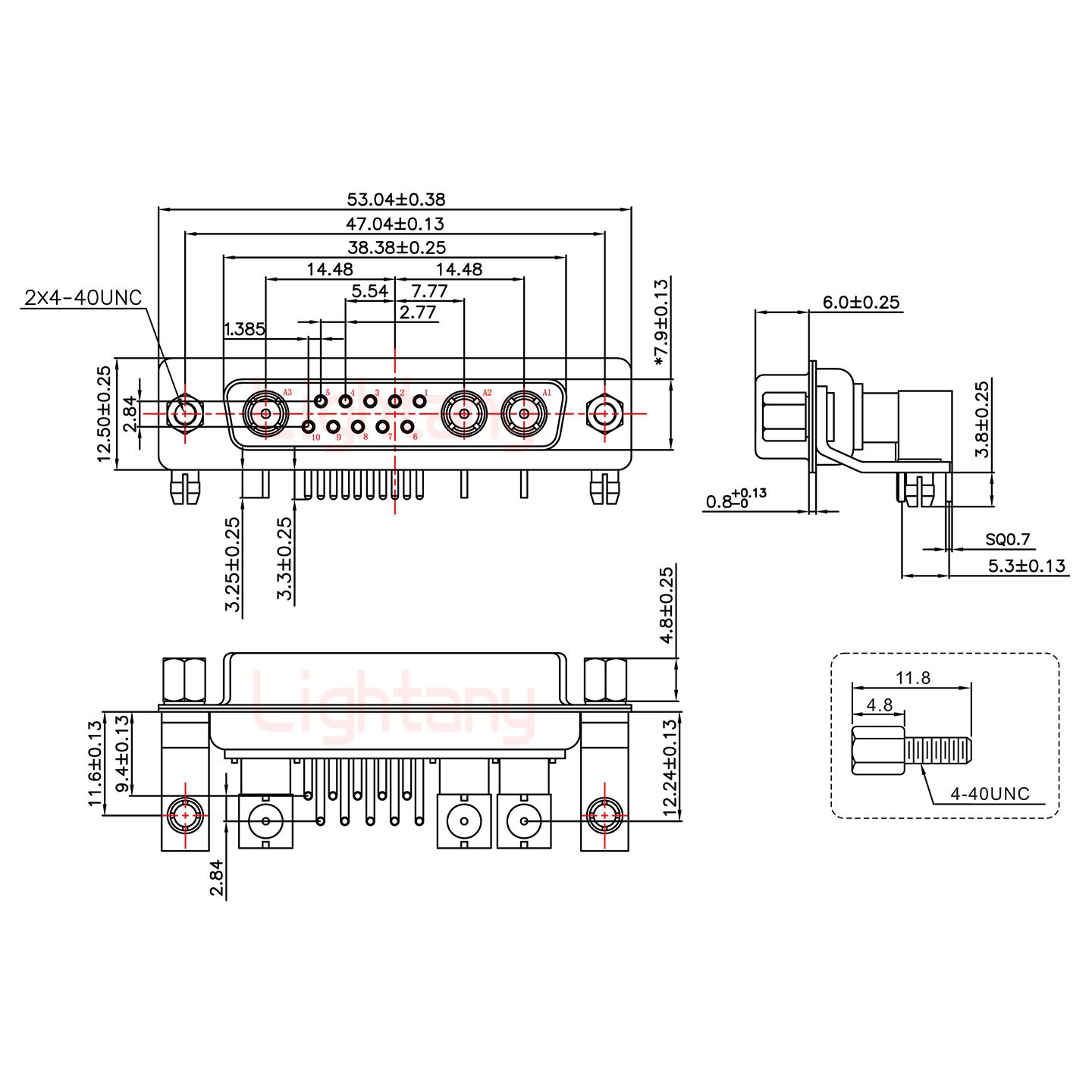 13W3母PCB彎插板/鉚支架11.6/射頻同軸50歐姆