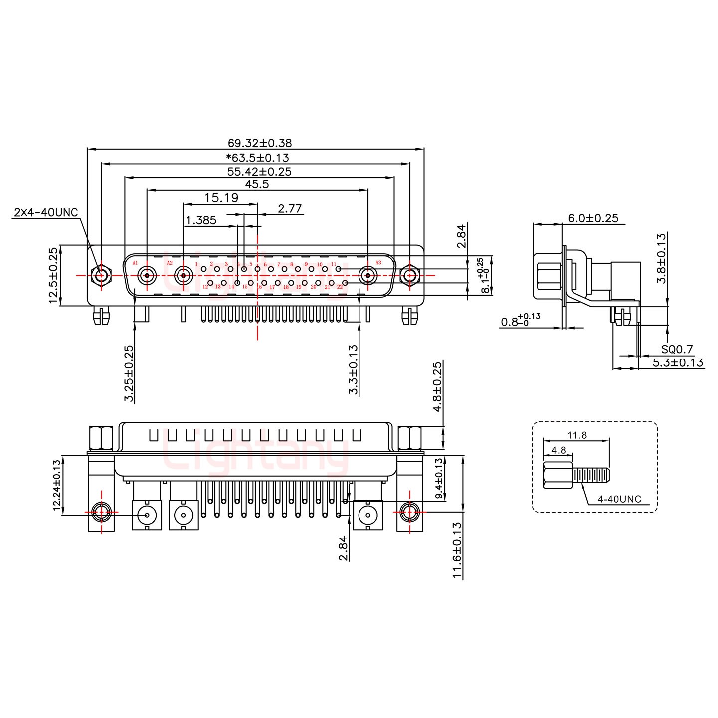 25W3公PCB彎插板/鉚支架11.6/射頻同軸50歐姆