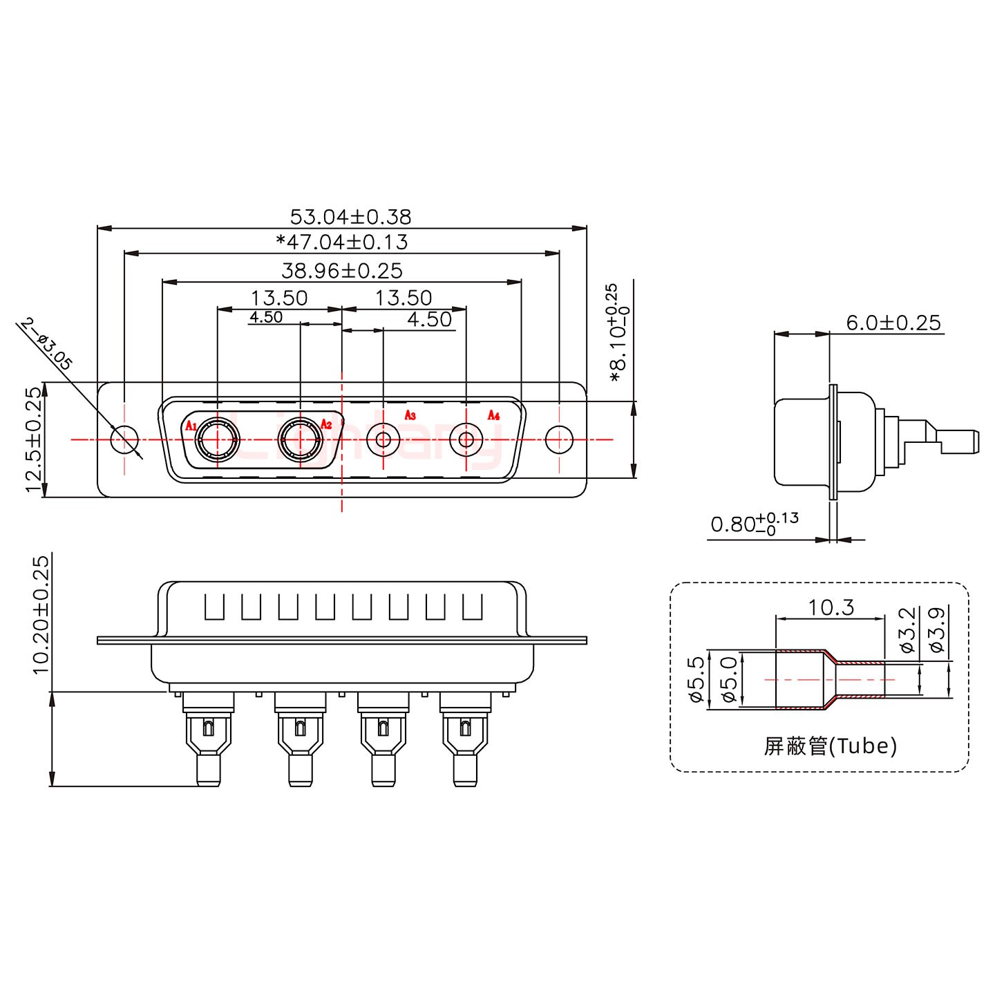 4V4公焊線式50歐姆+25P金屬外殼1657直出線4~12mm