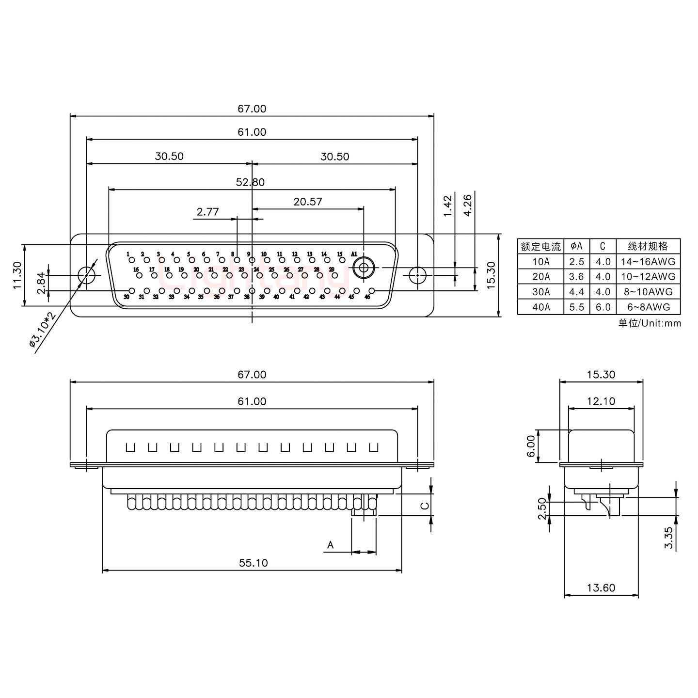 47W1公短體焊線30A+50P金屬外殼1746斜出線4~12mm