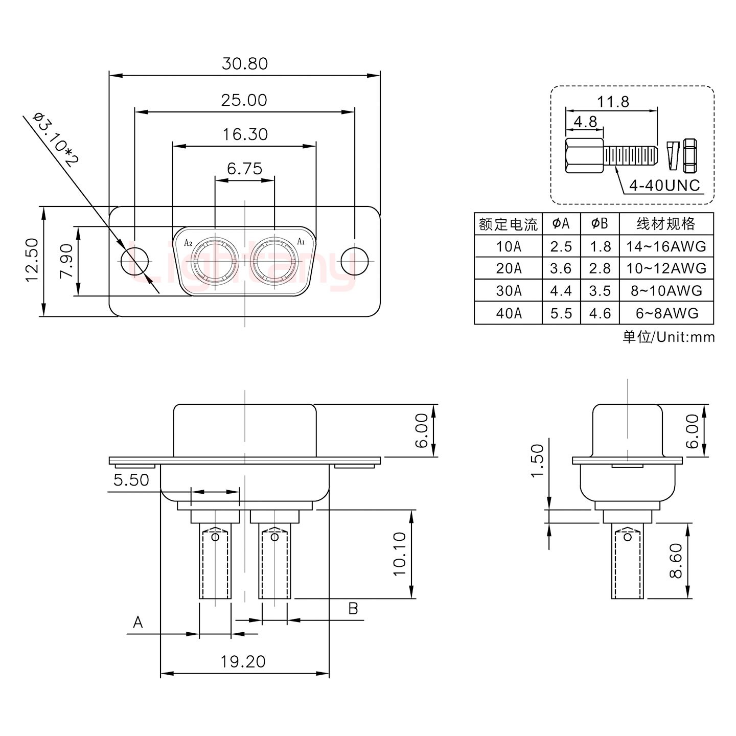 2W2母壓線式/配螺絲螺母/大電流40A