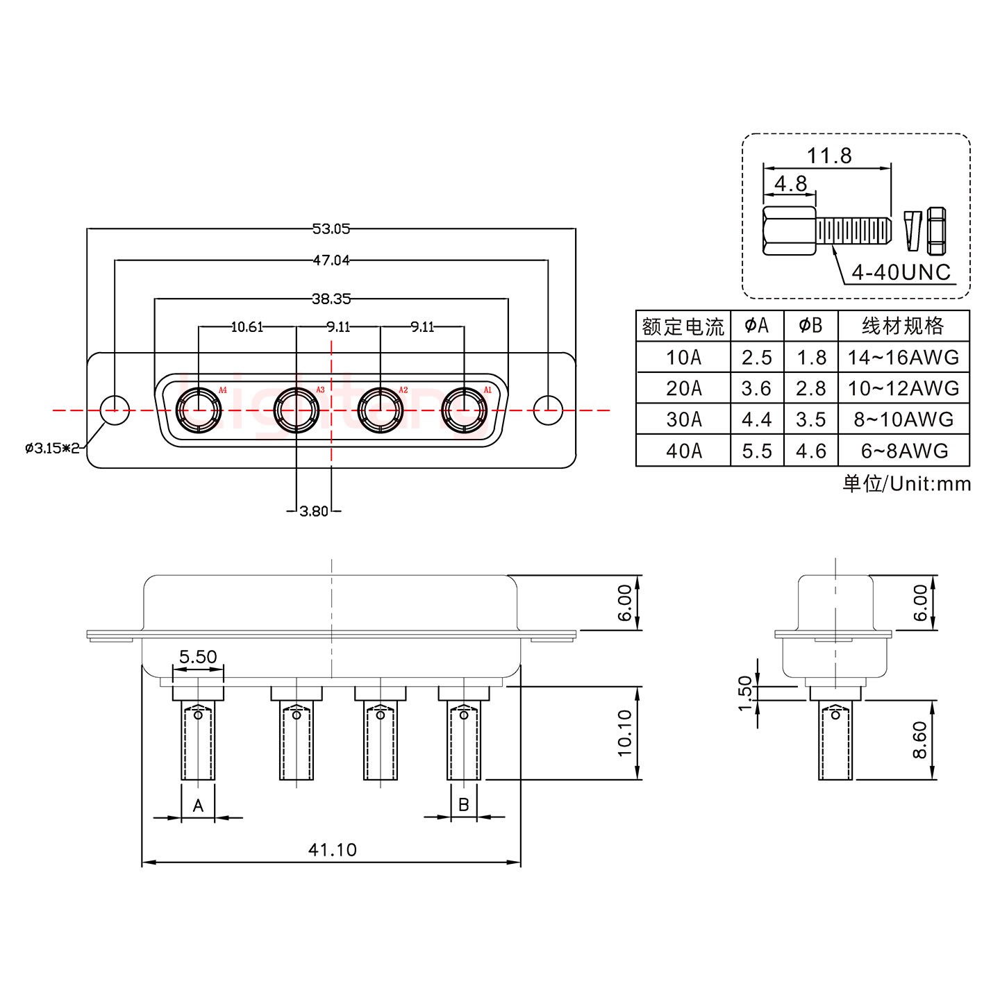 4W4母壓線式/配螺絲螺母/大電流20A